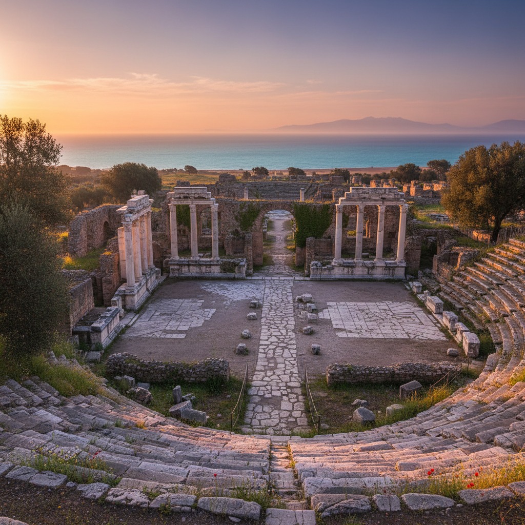 Ancient stone ruins of a Roman theater overlook the sea at sunset.